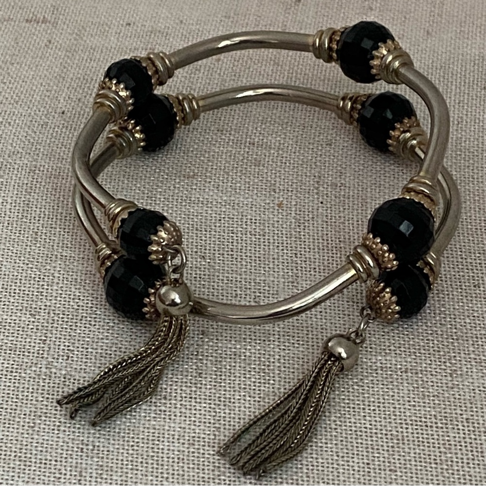 Vintage Bracelet Silver Black Bead Tassle Expandable Stacked Bangle MCM retro